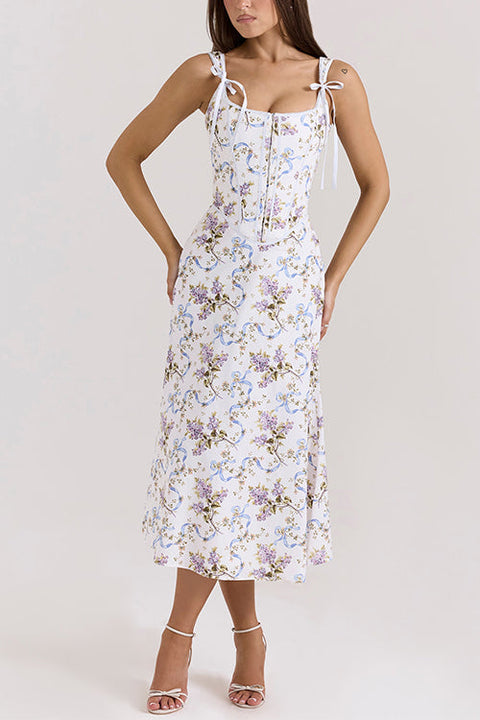 Camilladress Bow Shoulder Back Lace-up Floral Print Midi Cami Dress
