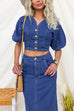 V Neck Puff Short Sleeves Crop Denim Top