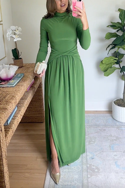 High Neck Long Sleeves Side Slit Maxi Dress
