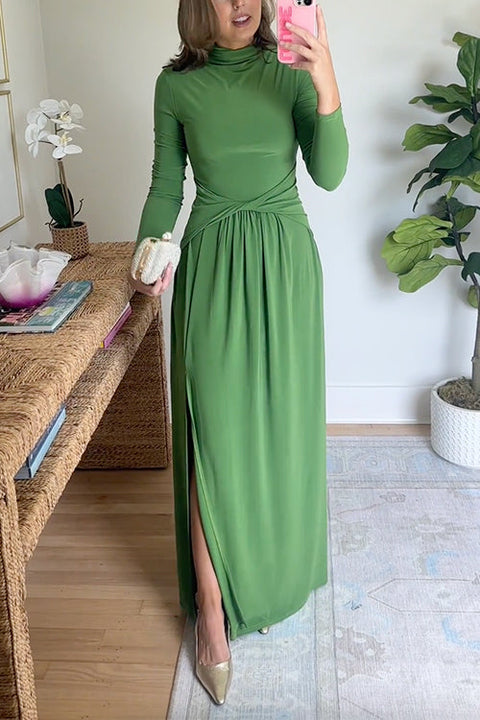 High Neck Long Sleeves Side Slit Maxi Dress