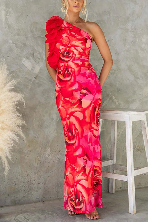 Camilladress Ruffle One Shoulder Floral Print Bodycon Maxi Dress