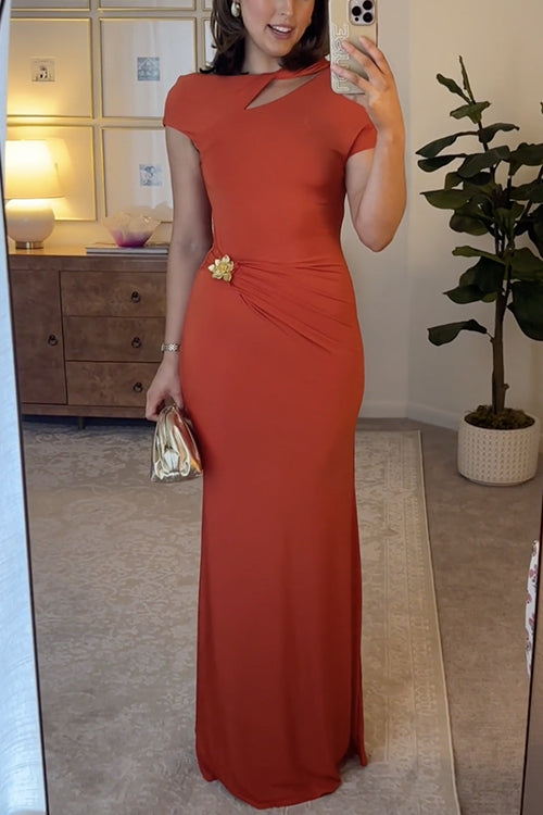 Short Sleeve Cut Out Backless Gold Flower Detail Maxi Dress