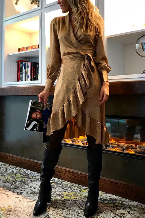 Camilladress Wrap V Neck Long Sleeve Tie Waist Ruffle Dress