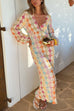 Moxidress V Neck Lantern Sleeves Geometric Print Maxi Dress
