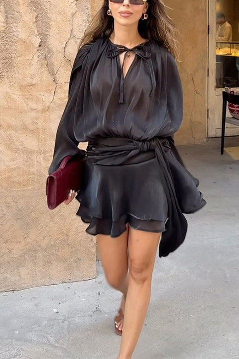 Camilladress Long Sleeves Lace-up Tie Waist Ruffle Mini Dress