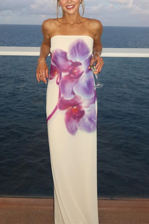 Camilladress Elegant Strapless Floral Print Maxi Dress