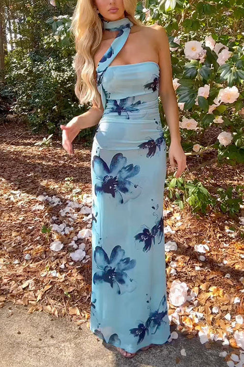 Camilladress Strapless Floral Print Mesh Bodycon Maxi Dress