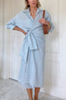 Long Sleeves Tie Knot Waist Striped Wrap Midi Shirt Dress