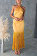 Camilladress Halter Neck Patchwork Fringe Hem Satin Maxi Dress