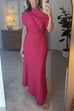 Draped Asymmetrical Shoulder Solid Maxi Party Dress