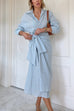 Long Sleeves Tie Knot Waist Striped Wrap Midi Shirt Dress