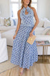 Camilladress Halter Cut Out Backless Frill Trim Floral Print Maxi Dress