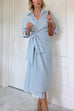 Long Sleeves Tie Knot Waist Striped Wrap Midi Shirt Dress