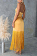 Camilladress Halter Neck Patchwork Fringe Hem Satin Maxi Dress