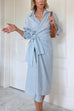Long Sleeves Tie Knot Waist Striped Wrap Midi Shirt Dress