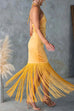 Camilladress Halter Neck Patchwork Fringe Hem Satin Maxi Dress