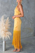 Camilladress Halter Neck Patchwork Fringe Hem Satin Maxi Dress