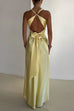 Camilladress V Neck Back Tie Bow Cut Out Satin Maxi Dress