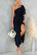 Camilladress One Shoulder Slit Ruffle Mesh Maxi Dress