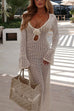 Camilladress V Neck Long Sleeves Backless Crochet Hollow Out Knit Maxi Dress