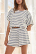 Camilladress Striped Short Sleeves Crop Top and Elastic Waist Pocketed Shorts Set
