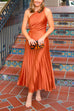 One Shoulder Sleeveless Pleated Satin Maxi Dress