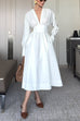 V Neck Long Sleeves Waisted Pocketed Midi Dress