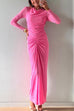 Cowl Neck Long Sleeves Ruched Solid Maxi Dress