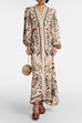 V Neck Puff Long Sleeves Button Up Printed Maxi Dress