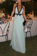Camilladress Deep V Neck Halter Backless Color Block Bow Maxi Dress