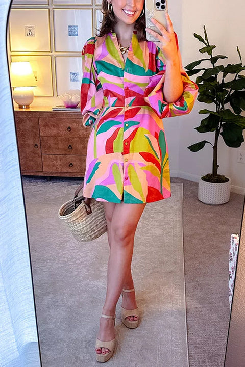 V Neck Puff Sleeves Button Down Printed Mini Dress