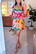V Neck Puff Sleeves Button Down Printed Mini Dress