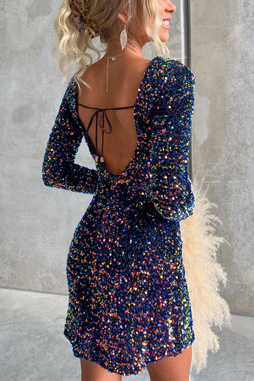 Long Sleeves Tie Backless Sequin Mini Party Dress