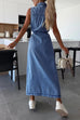 camilladress Sleeveless Button Down Tie Waist Pocketed Denim Midi Dress