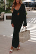 Camilladress V Neck Long Sleeves Backless Crochet Hollow Out Knit Maxi Dress