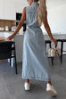 camilladress Sleeveless Button Down Tie Waist Pocketed Denim Midi Dress