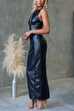 Sleeveless Cut Out Back Slit Faux Leather Bodycon Maxi Dress