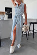 camilladress Sleeveless Button Down Tie Waist Pocketed Denim Midi Dress