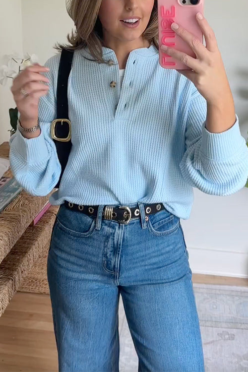 Long Sleeves Button Up Waffle Knit Top
