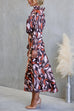 Tie Bow High Neck Long Sleeves Waisted Print Midi Dress