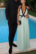 Camilladress Deep V Neck Halter Backless Color Block Bow Maxi Dress