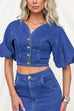 V Neck Puff Short Sleeves Crop Denim Top