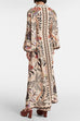 V Neck Puff Long Sleeves Button Up Printed Maxi Dress
