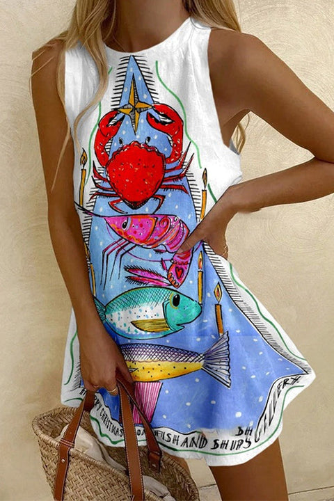 Camilladress Crewneck Sleeveless Crab Shrimp Print Mini Dress