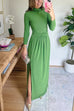 High Neck Long Sleeves Side Slit Maxi Dress