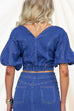 V Neck Puff Short Sleeves Crop Denim Top