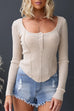 Long Sleeves Button Up Curve Hem Ribbed Knit Top