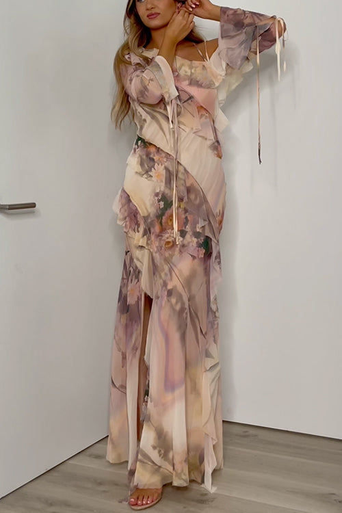 Asymmetric Shoulder Floral Print Ruffle Trim Slit Maxi Dress