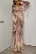 Asymmetric Shoulder Floral Print Ruffle Trim Slit Maxi Dress