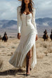 Camilladress U Neck Buttop Up Long Sleeves Ruffle Slit Maxi Dress